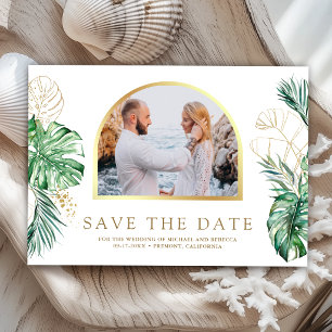 Tropisch Gouden Monstera Palm Foto Bruiloft Save The Date