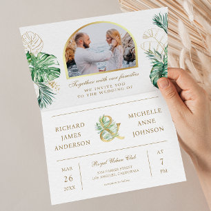 Tropisch Gouden Monstera Palm Foto QR Code Bruilof