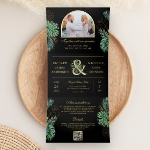 Tropisch Gouden Monstera Palm Zwarte QR Code Trouw Drieluik Uitnodiging