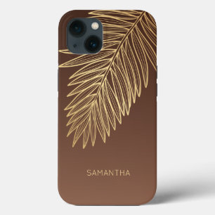 Tropisch goudpalm leder, Jouw naam, bruin iPhone 13 Hoesje