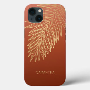 Tropisch goudpalm leder, Jouw naam, koper-bruin iPhone 13 Hoesje