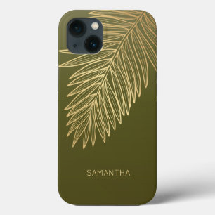 Tropisch goudpalm leder, Jouw naam, olijvengroen iPhone 13 Hoesje