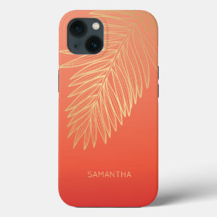 Tropisch goudpalm leder, Jouw naam, rood iPhone 13 Hoesje