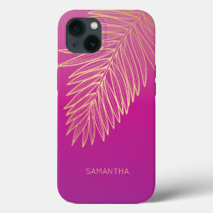 Tropisch goudpalm leder, Jouw naam, roze magenta iPhone 13 Hoesje