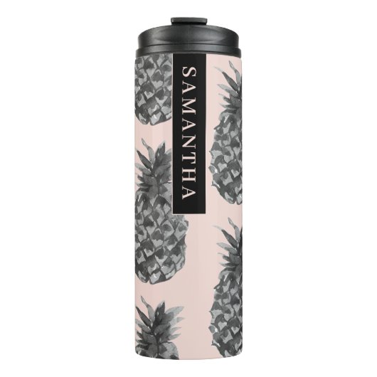 Tropisch grijs en roze anananassap patroon met naa thermosbeker (Voorkant)