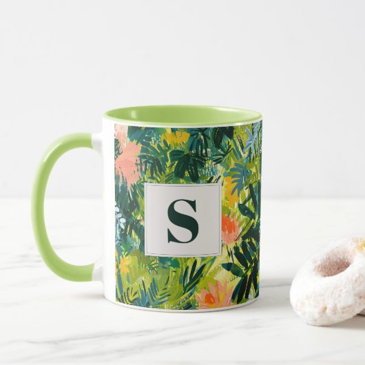 Tropisch Groen Abstract Botanisch Monogrammed Mok (Met donut)