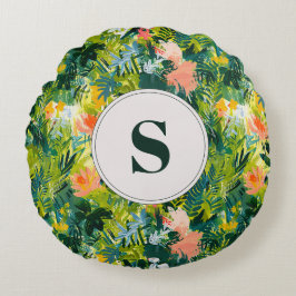 Tropisch Groen Abstract Botanisch Monogrammed Rond Kussen