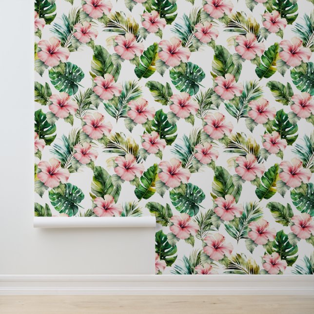 Tropisch groen blad roze Hibiscus bloemen Behang (Applicatie)