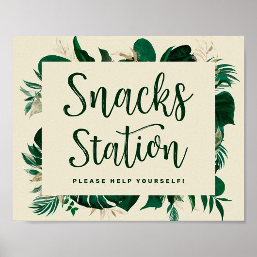 Tropisch groen blad snackstation trouwtekst bord poster (Voorkant)