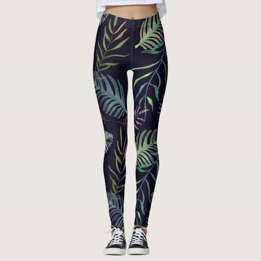 Tropisch groen bladblauw leggings (Voorkant)