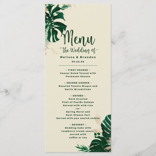 Tropisch groen & bladeren Modern bruiloft diner Menu (Voorkant)