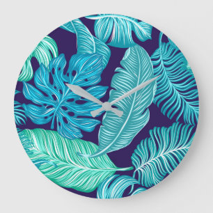 Tropisch Groen Blauw Bladeren Patroon Grote Klok