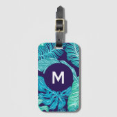 Tropisch Groen Blauw Bladeren Patroon Monogram Bagagelabel (Voorkant (verticaal))