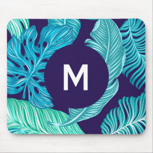 Tropisch groen-blauw bladpatroon monogram muismat
