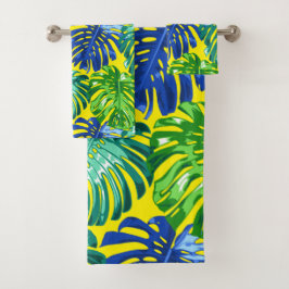 Tropisch Groen Blauw Geel Monstera Oerwoud Bladere Bad Handdoek