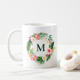 Tropisch groen en bloemen groot monogram koffiemok