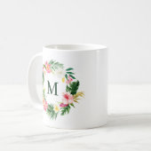 Tropisch groen en bloemen groot monogram koffiemok (Voorkant links)