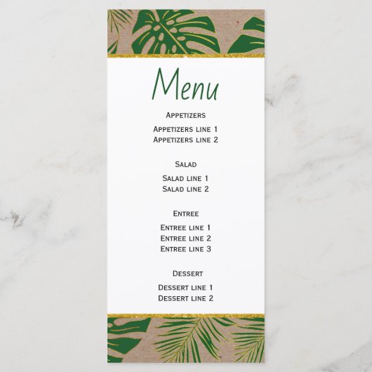 Tropisch groen en goud rustieke bruiloft menukaart (Achterkant)
