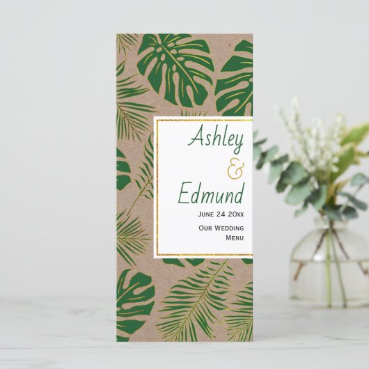 Tropisch groen en goud rustieke bruiloft menukaart (Staand voorkant)