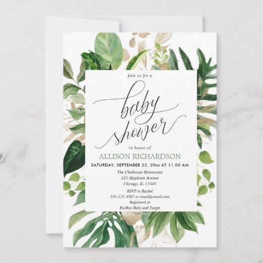 Tropisch groen en goudkleurig baby shower kaart (Voorkant)