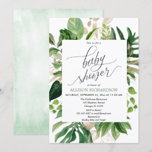 Tropisch groen en goudkleurig baby shower kaart