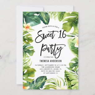 Tropisch groen en Plumeria Sweet 16 Party Kaart