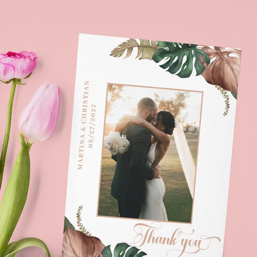 Tropisch groen goud brons bladeren bruiloft bedankkaart