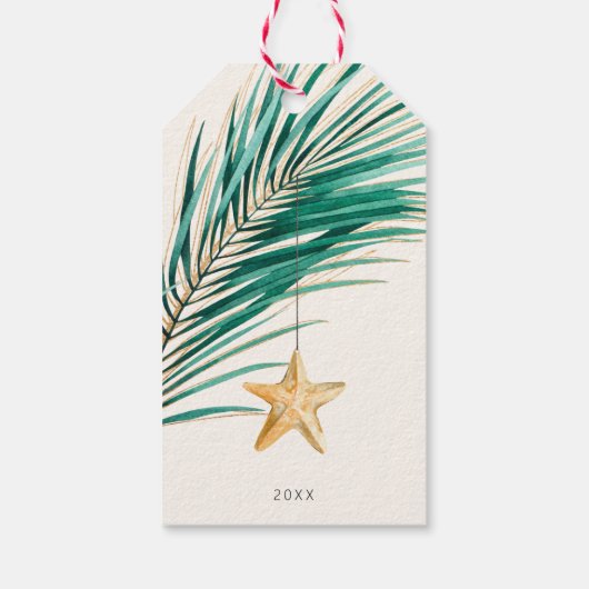 Tropisch Groen Goud Waterverf Zeesterren Kerstmis Cadeaulabel (Achterkant)