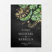 Tropisch groen goudmonstera Palm Black Wedding Drieluik Uitnodiging (Cover)