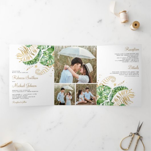 Tropisch groen goudmonstera palm leveet bruiloft drieluik uitnodiging (Binnen)