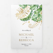 Tropisch groen goudmonstera palm leveet bruiloft drieluik uitnodiging (Cover)