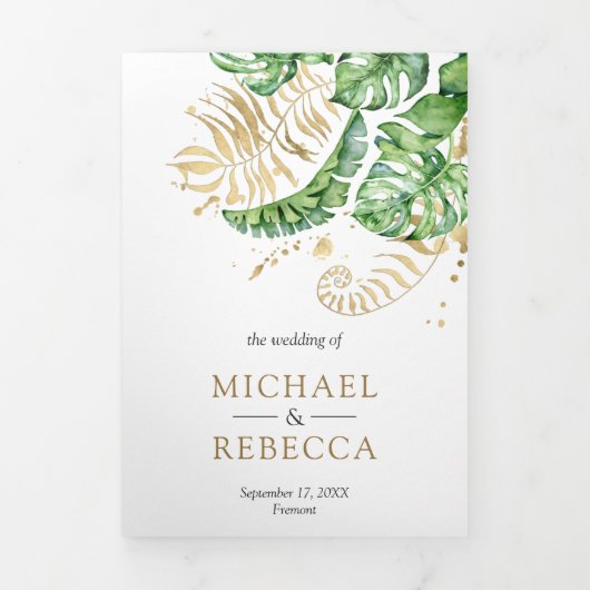 Tropisch groen goudmonstera palm leveet bruiloft drieluik uitnodiging (Cover)