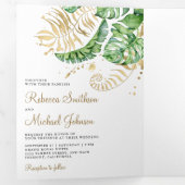 Tropisch groen goudmonstera palm leveet bruiloft drieluik uitnodiging (Binnenzijde eerst)