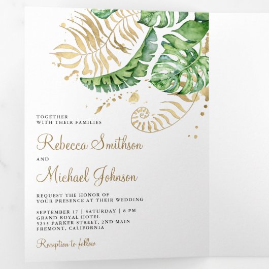 Tropisch groen goudmonstera palm leveet bruiloft drieluik uitnodiging (Binnenzijde eerst)