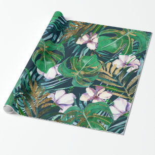 Tropisch groen Lila goudmonster laat Floral vallen Cadeaupapier