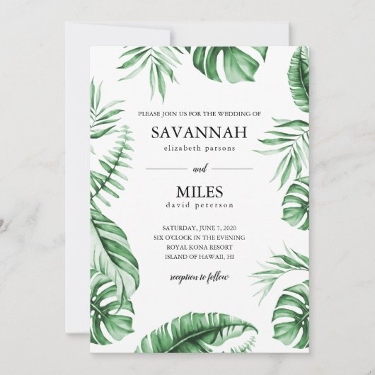 Tropisch groen palmbladlijst trouwuitnodiging kaart (Voorkant)