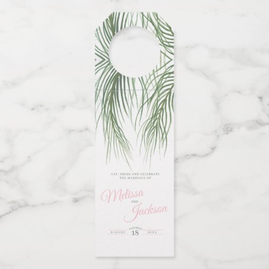 Tropisch groen roze palmschijfje waterverf bruilof flessenhanger (Voorkant)