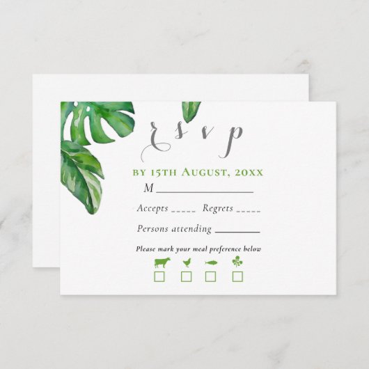 Tropisch groene aquarel Monstera-bladeren RSVP Kaartje (Voorkant / Achterkant)