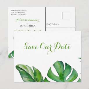 Tropisch groene aquarel Monstera Save The Date Briefkaart