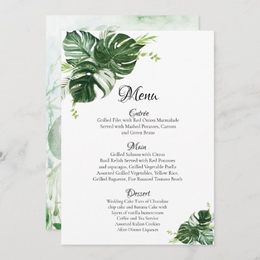 Tropisch Groene Monstera Leaves Wedding Menu (Voorkant / Achterkant)