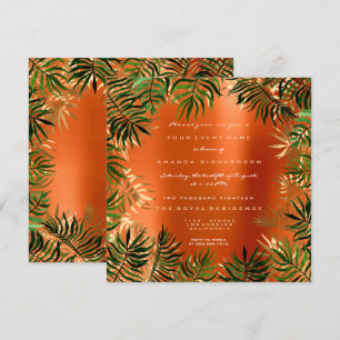 Tropisch groene palmblad frame oranje koraal goud kaart