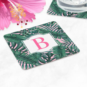Tropisch groene palmbladeren roze monogram vierkante kartonnen onderzetter
