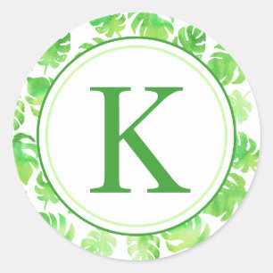 Tropisch groene Waterverf bladeren monogram Ronde Sticker