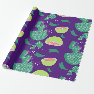 Tropisch Guave Fruit en Groene Roze Paarse Bloemen Cadeaupapier