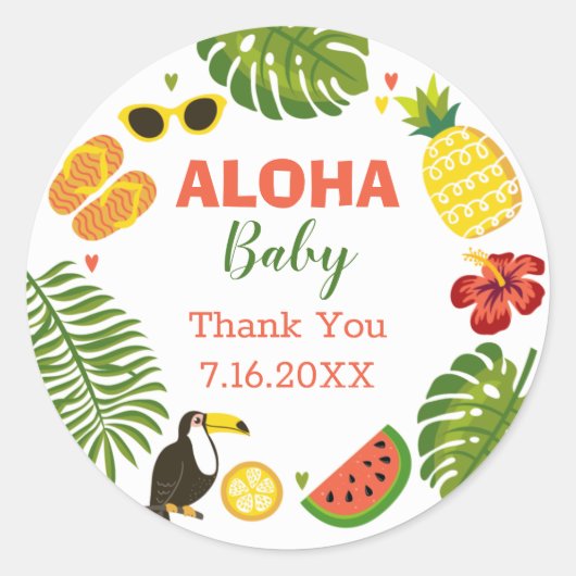 Tropisch Hawaiian Aloha Baby shower Ronde Sticker (Voorkant)