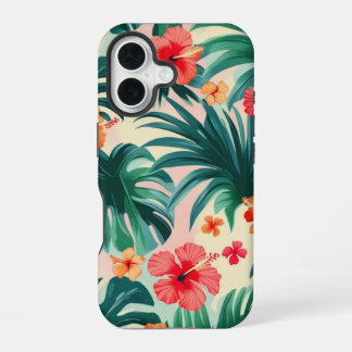Tropisch Hibiscus en Palmbladeren Patroon iPhone 16 Hoesje