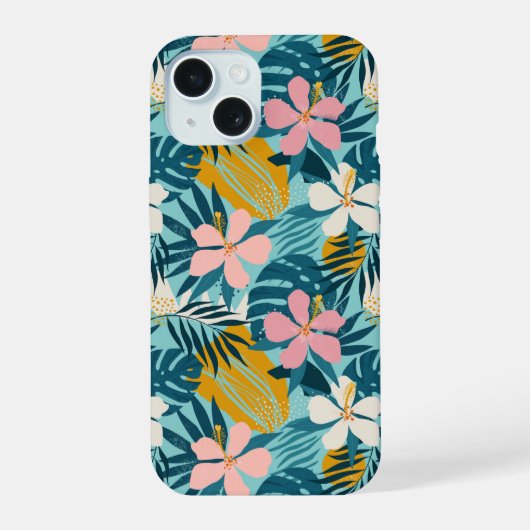 Tropisch Hibiscus Floral Pattern iPhone 15 Hoesje (Achterkant)