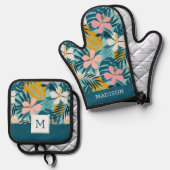 Tropisch Hibiscus Floral Pattern Ovenwant & Pannenlap Set (Voorkant / Achterkant)