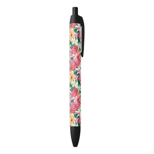 Tropisch Hibiscus Floral Pattern Zwarte Inkt Pen (Achterkant (Verticaal))