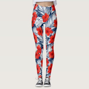 Tropisch Hibiscus Flowers Ferns Red White Leggings